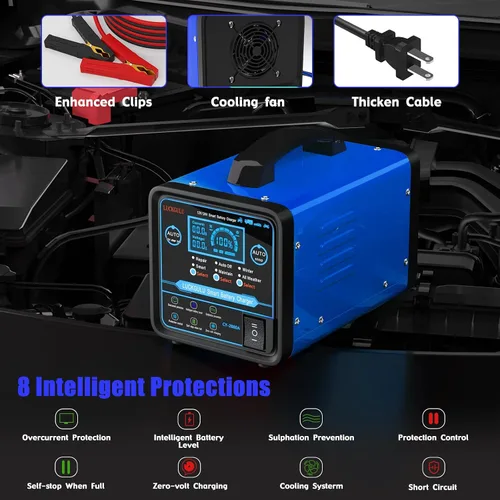 Vista 6 de Cargadores de batería de coche de 12 V/24 V resistentes, mantenedor de batería automático de 15 A con apagado automático, reparación, modo