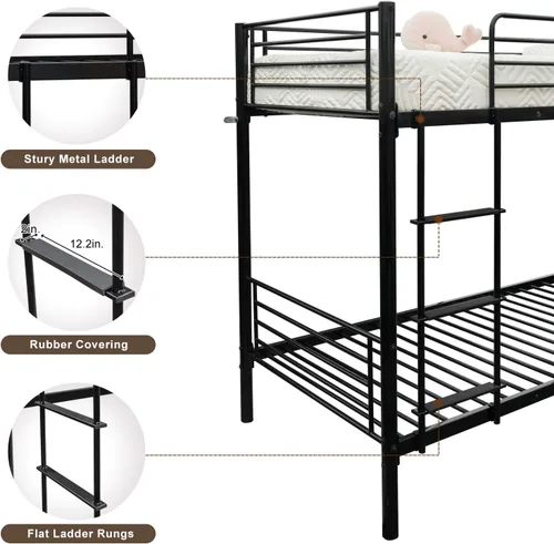 Vista 3 de Bonnlo Litera individual sobre individual para niños, adolescentes y adultos, cama resistente de 2 pisos con escalera plana y barandilla de 13