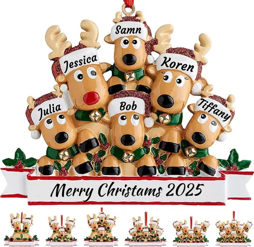 Vista 12 de Adorno personalizado de ciervo para árbol de Navidad, familia de 2,3,4,5,6,7,8 nombres, lindo reno de Papá Noel, decoración de Navidad 2025, regalo