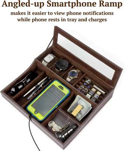 Vista 7 de Houndsbay Navigator - Bandeja organizadora grande para hombre con caja de relojes, organizador de joyas y estación de carga para móvil, Café Oscuro