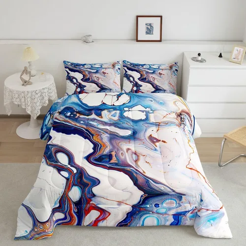 Vista 12 de Feelyou Juego de edredón abstracto para todas las estaciones, juego de ropa de cama negro y azul con 1 funda de almohada con estampado de mármol