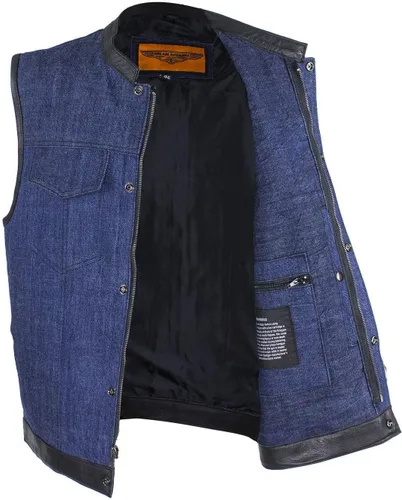 Vista 6 de Chaleco de mezclilla para hombre con ribete de cuero, 2 bolsillos para pistola