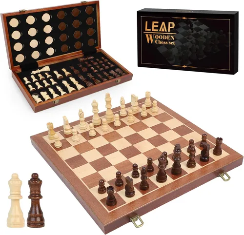 Vista 7 de LEAP - Juego de ajedrez y damas de madera de 15.3 pulgadas, tablero de ajedrez plegable de ébano artificial
