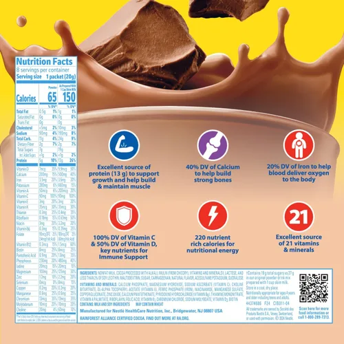 Vista 3 de Carnation Breakfast Essentials Polvo de bebida nutricional Light Start Sabor rico chocolate con leche, caja de 8 paquetes de 20 g (0,705 oz)