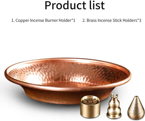 Vista 2 de Juego de soporte para quemador de incienso de cobre, cuenco de cobre martillado para uso en altar, plato de joyería, rituales, incienso, manchas