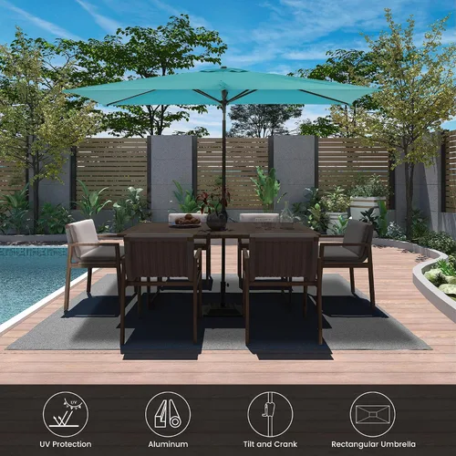 Vista 2 de MONDAWE Sombrilla de patio al aire libre de 10 x 6.5 pies, rectangular, sombrilla de mercado con inclinación y manivela, sombrilla de mesa comercial