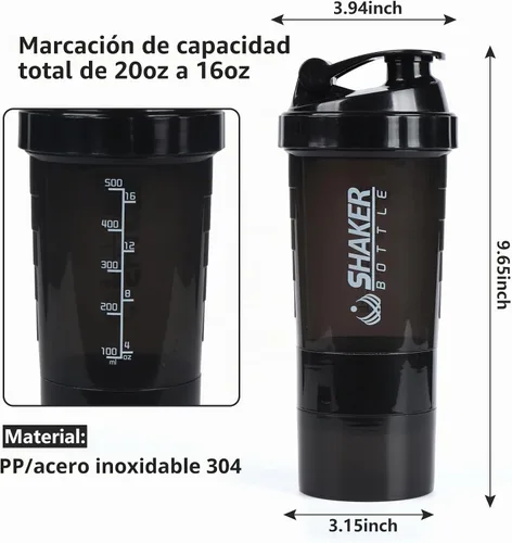 Vista 2 de Botella agitadora de proteínas, botella de agua deportiva, botella a prueba de fugas para mezclador de proteínas, antideslizante de 3 capas de 3