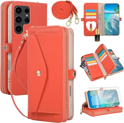 Vista 82 de Asuwish Funda de teléfono para Samsung Galaxy S23 5G con cremallera, funda para celular con protector de pantalla, correa para el hombro, espejo