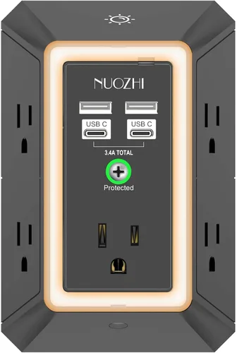 Vista 10 de Cargador de pared, protector de sobretensiones, extensor de 5 salidas con 4 puertos de carga USB (2USB-C), adaptador de enchufe múltiple de 3 lados