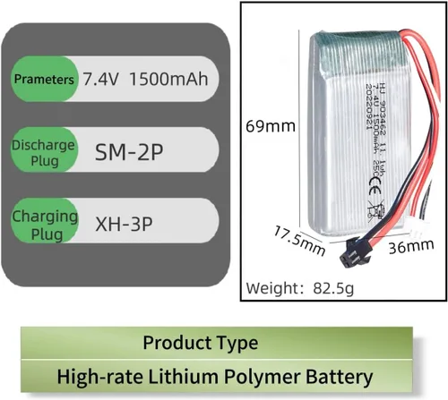 Vista 2 de Paquete de 2 unidades 7.4V 1500mAh 903462 25C para Wltoys A959-B A969-B A979-B K929-B WLtoys 4WD de alta velocidad RC Cars y la mayoría de coches RC