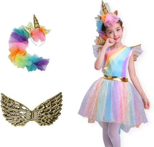 Vista 3 de Seasons DIRECT Disfraz de unicornio arcoíris para niña con ala y diadema