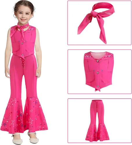Vista 5 de BILOPER 3Pcs Pink Cowboy Costume Girls Toddler Movie Doll Costume Set Halloween Cosplay 4-12Years