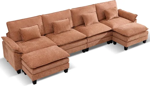 Vista 25 de URRED - Sofá seccional modular tipo nube, cómodo sofá cama de chenilla moderna con asientos profundos y otomán/almohadas para sala de estar