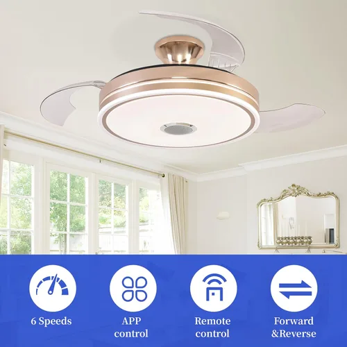 Vista 4 de Ventilador de techo retráctil, 42 pulgadas modernas luces de ventilador de techo LED de perfil bajo Ventiladores de techo, para dormitorio