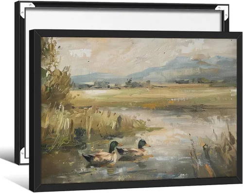 Vista 12 de Haitunone Póster de estanque de pato real con animales de granja, arte de pared, pintura de pato vintage, pintura al óleo, cazador de pájaros
