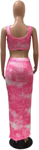 Vista 4 de Remelon - Sexy top sin mangas con impresión tie dye y falda ajustada a juego. Traje de 2 piezas., Vaina, S