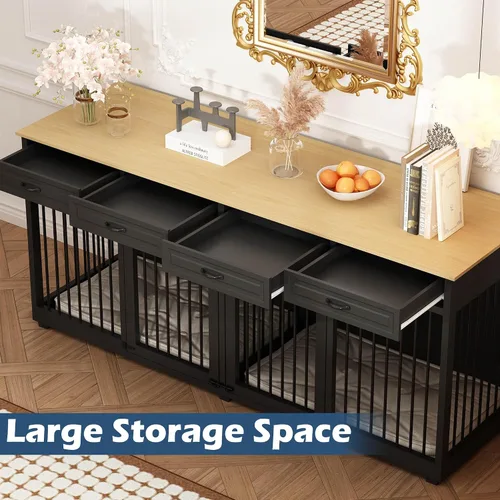 Vista 6 de Mueble grande para perros, perrera de madera de 86.6 pulgadas con cajones y divisor, muebles de interior resistentes, estilo casa para perros