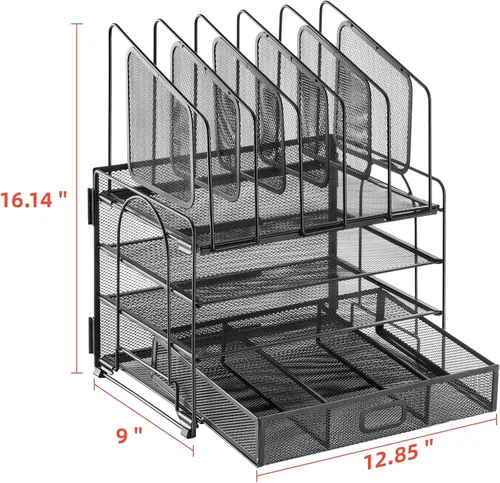 Vista 7 de Marbrasse Organizador de escritorio con cajón, organizador de archivos de malla de 4 niveles con 5 soportes verticales para archivos y 2 soportes