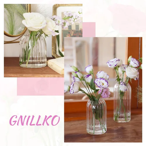 Vista 7 de Juego de 6 jarrones pequeños de vidrio para flores, modernos jarrones cilíndricos acanalados para centros de mesa de boda, decoración de sala