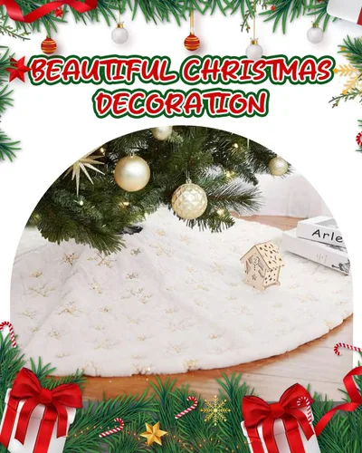 Vista 2 de Falda de árbol de Navidad de 36 pulgadas, falda de árbol de piel sintética blanca con copos de nieve dorados, tapete de árbol de Navidad suave