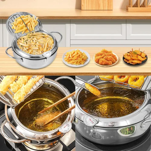 Vista 8 de Olla de 8.2 pulgadas de profundidad con cesta coladora y termómetro, olla profunda de acero inoxidable con asa, mini freidora de aceite
