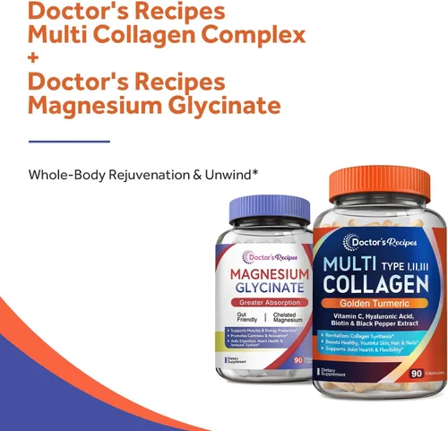 Vista 8 de Doctor's Recipes Complejo de colágeno múltiple y paquete de glicinato de magnesio, rejuvenecimiento de todo el cuerpo, relajación y alivio, cápsulas