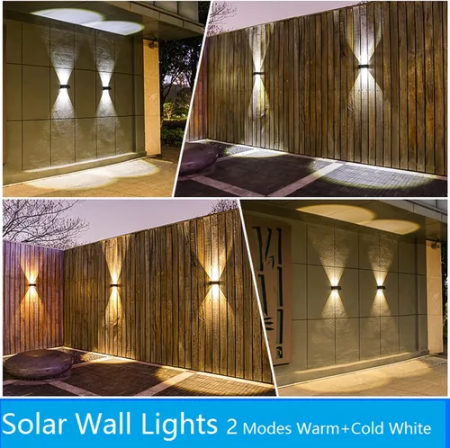 Vista 5 de ASLIDECOR Luces solares de pared con 2 modos de luz blanca cálida/blanco frío, iluminación decorativa impermeable para exteriores con panel solar