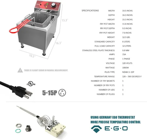 Vista 2 de EGGKITPO Freidora Profunda con Cesta Comercial Freidora Eléctrica de Encimera de 12L de Acero Inoxidable Freidoras Profundas para Uso