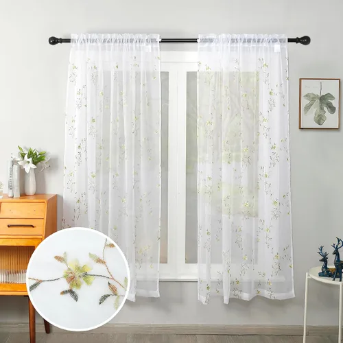Vista 10 de Taisier Home Cortinas Traslúcidas Blancas Florales con Estampado de Flores y Bordado de Enredaderas para Dormitorio, Cortina con Bolsillo
