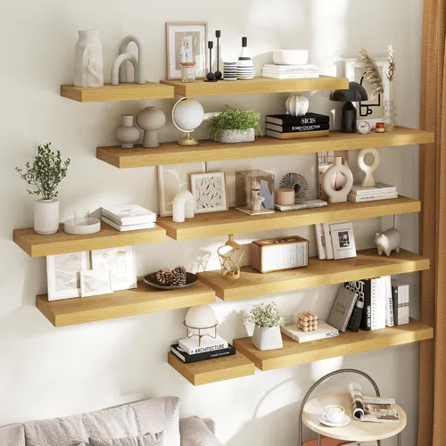 Vista 3 de Juego de 2 estantes flotantes de 16 pulgadas para pared, estantes de baño de grano de madera de 12 pulgadas de profundidad con soportes invisibles