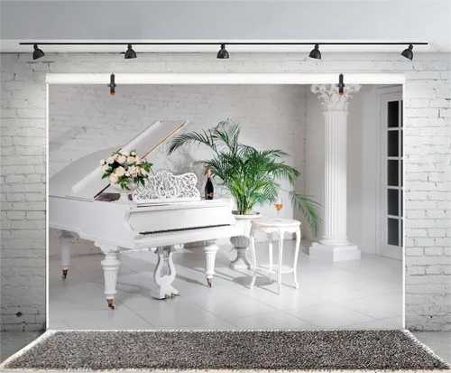 Vista 3 de Laeacco Fondo de piano de cola blanco para el interior de la habitación, 10 x 6.5 pies, estilo clásico, de lujo, para habitación, palmas de vino