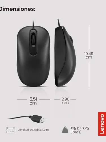 Vista 6 de Lenovo 100 Ratón con cable USB para PC, portátil, ordenador con Windows - Tamaño completo - Diseño ambidiestro - 3 botones - Sensor óptico rojo