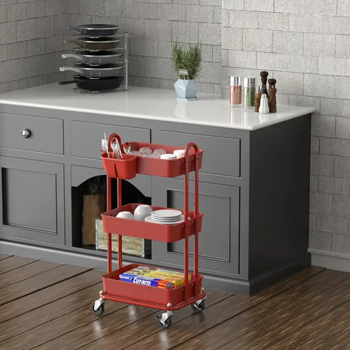 Vista 4 de Simple Houseware - Carro multiusos rodante de 3 niveles con cubos colgantes, color Rojo Almacenamiento para baño, cocina, oficina, sala