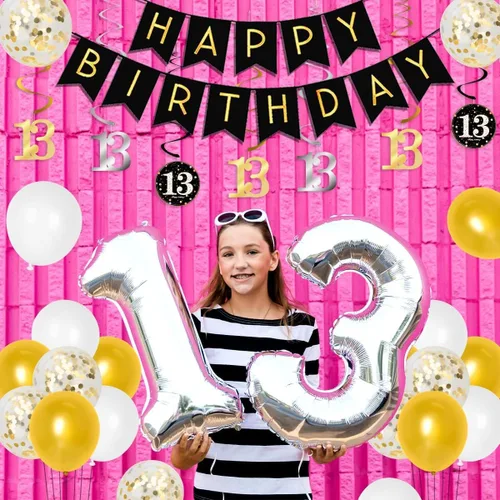 Vista 8 de Decoraciones de cumpleaños número 13 para niños y niñas, suministros de fiesta de cumpleaños número 13 negro dorado con pancarta colgante en espiral