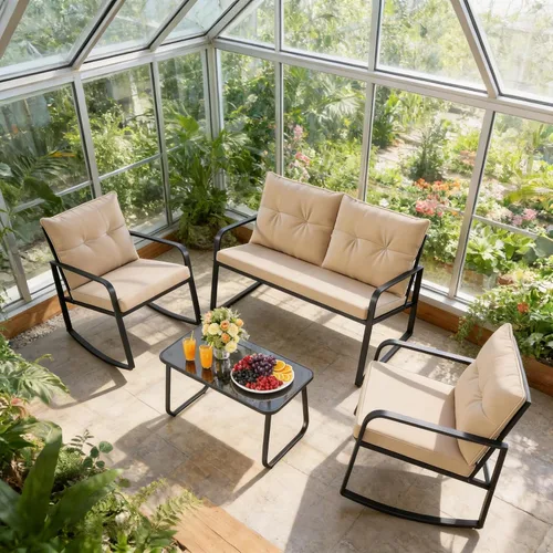 Vista 10 de Gizoon, Juego de 3 piezas de sillas mecedoras estilo bistró, muebles de patio de acero negro, juego de sillas para el porche con mesa de café
