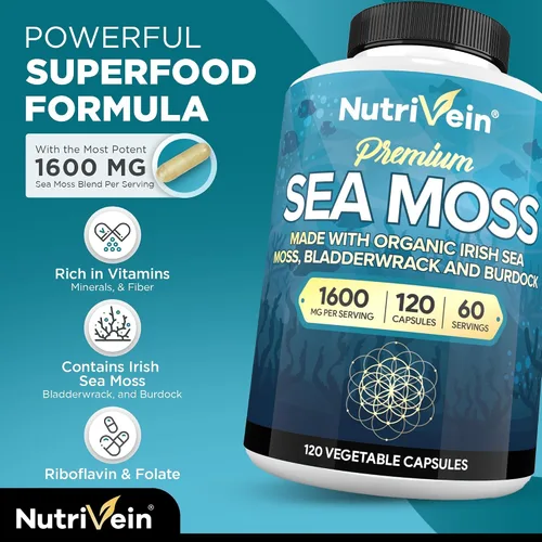 Vista 3 de Nutrivein Musgo marino orgánico de 1600 mg más vejiga y bardana – 120 cápsulas para adultos – Superalimento prebiótico – Sistema inmunológico