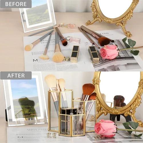Vista 8 de Hipiwe Porta brochas de maquillaje de vidrio, 3 ranuras espejadas, organizador de brochas de cosméticos doradas, vitrina, caja de almacenamiento