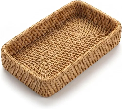 Vista 10 de YANGQIHOME Bandeja de ratán tejida a mano de 14.6 pulgadas con asas, bandeja rectangular de mimbre para mesa de café, desayuno, bebidas, frutas