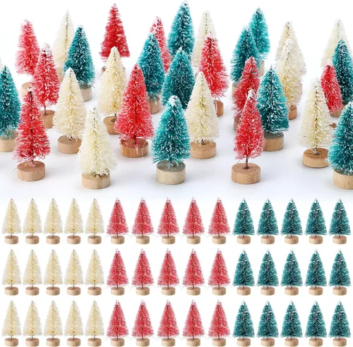 Vista 7 de Sumind 48 piezas de mini cepillos para árboles de Navidad, árbol de nieve de sisal, árbol artificial de invierno, mini pino con base de madera