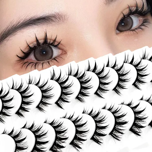 Vista 8 de 10 pares de pestañas postizas manga de aspecto natural, racimos ondulados, estilo puntiagudo de 0.630 pulgadas, pestañas japonesas de anime cosplay