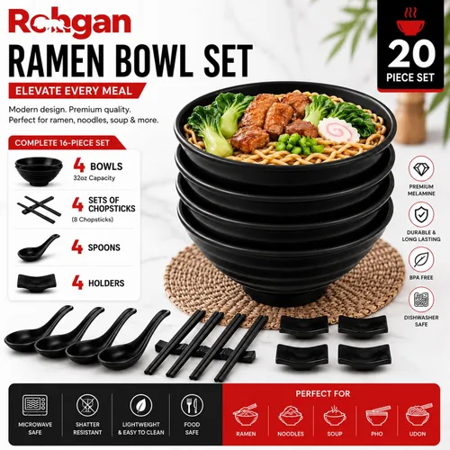 Vista 4 de Juego de Tazones Japoneses para Ramen de 32 oz – 20 Piezas de Tazones Pho de Melamina Negra con Palillos, Cucharas y Soportes – Vajilla para Fideos