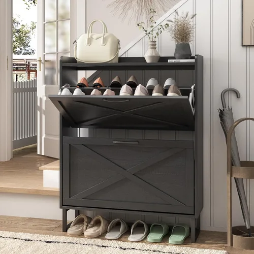 Vista 25 de Maupvit Gabinete de almacenamiento para zapatos con 2 cajones abatibles, organizador independiente con patas de metal para entrada, gabinete Beige