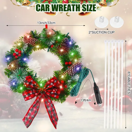 Vista 2 de Riceshoot Corona LED de Navidad para automóvil de 12 V con lazo rojo de bayas de 13 pulgadas, corona iluminada artificial para parrilla delantera