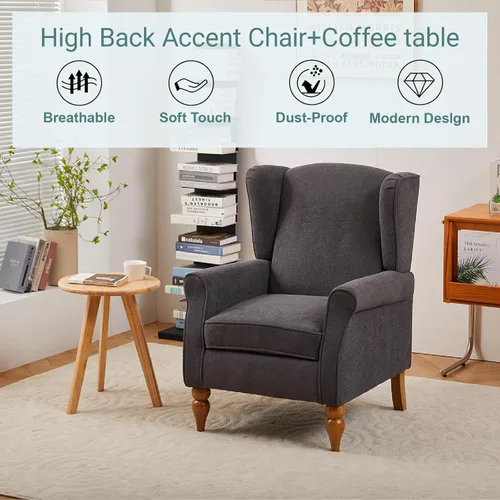 Vista 7 de Mid-Century - Silla de ala alta, moderna silla decorativa de tela con mesa auxiliar de madera maciza, sofá individual de ocio para sala de estar