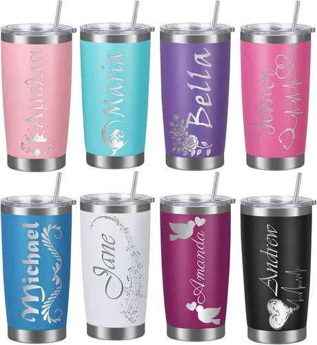 Vista 2 de Vasos personalizados con tapa y pajita, vaso aislado personalizado grabado con nombre, vaso de café de acero inoxidable, regalos para hombres y Negro