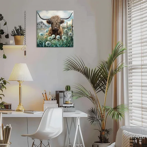Vista 6 de YUEYARIT Decoración de pared de vaca de las tierras altas de granja en verde azulado y marrón: imagen rústica de vaca y diente de león, impresión