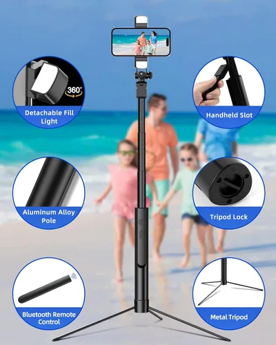 Vista 5 de TVACHE Soporte para teléfono y trípode para selfie de 67 pulgadas extensible todo en uno trípode portátil de aluminio para teléfono celular