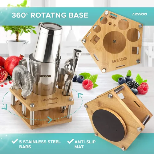 Vista 2 de Kit de camarero: juego de coctelera de acero inoxidable de 18 piezas Herramientas profesionales de barra premium con soporte giratorio de bambú