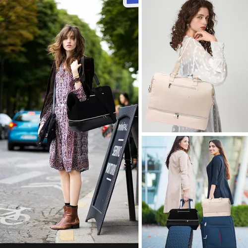 Vista 7 de Bolsa de fin de semana con compartimento para zapatos, bolsa de viaje para pasar la noche, Negro -, Estilo conciso