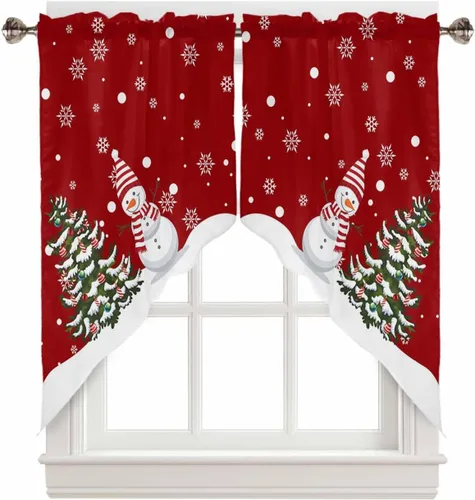 Vista 11 de BEMIGO Cortinas de cocina de Navidad, lindas cortinas de granja con muñeco de nieve azul, cenefa con bolsillo para barra de copos de nieve